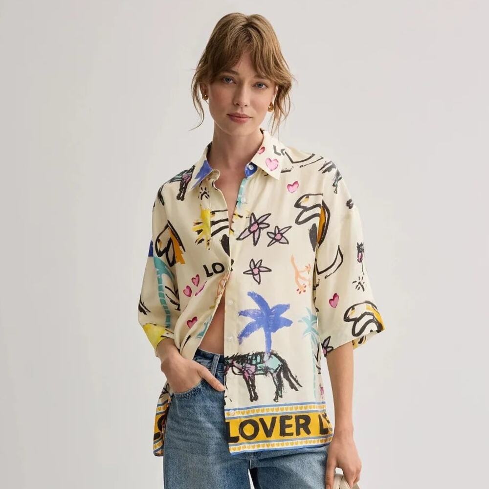 ROMY Lover Shirt Abstract Print Short Sleeve Button Down Top Multicolor XS